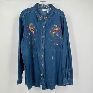 Bobbie Brooks Woman Denim Shirt Sz 22W/24W Button Down Embroidered Autumn Leaves